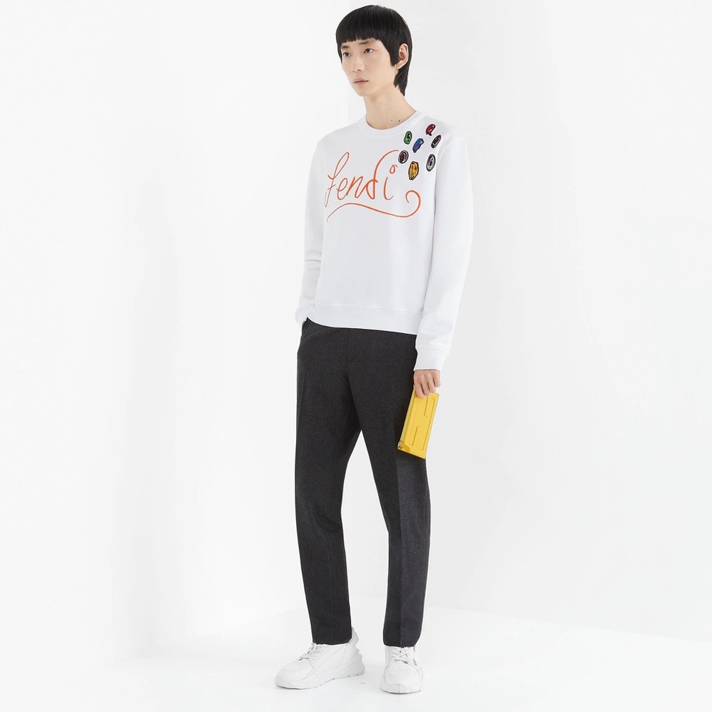 NEW WITH TAGS Authentic Fendi White Logo Embroidered Cotton Crewneck Sweatshirt